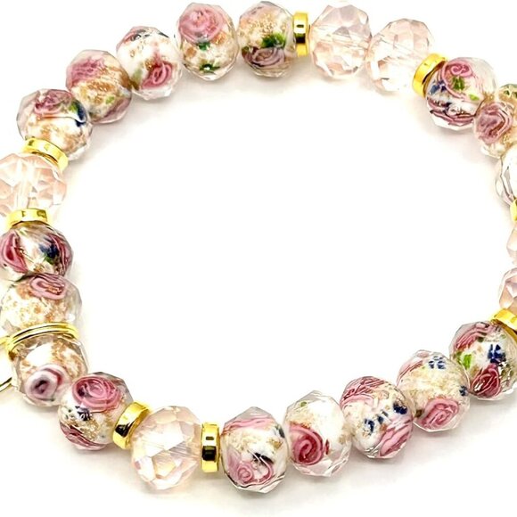 Artisan Crafted Stretch Bracelet with Crystal Beads and Heart Charm - Gift Ready